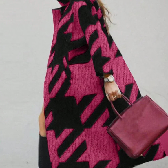 Hot Pink Casual Women's Trendy Colorblock Long Sleeve Knitted Cardigan - Picture 2 of 5